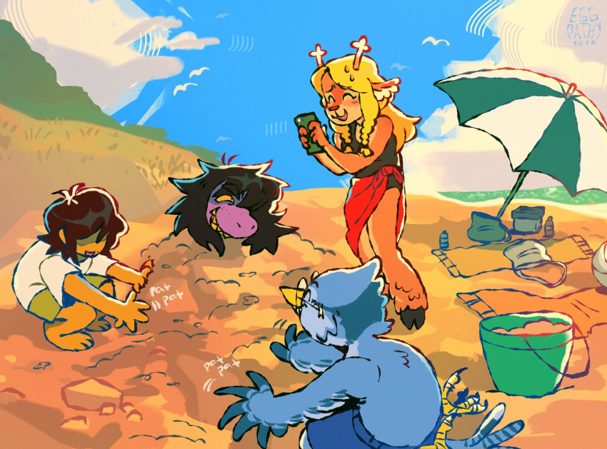 1boy, 1other, 2girls, ^_^, alternate_costume, animal_ears, artist_name, beach, beach_towel, beach_umbrella, berdly_(deltarune), bird_boy, blonde_hair, blue_sky, blush, brown_hair, bucket, buried_in_sculpted_sand, closed_eyes, colored_skin, day, deer_ears, deer_girl, deltarune, eggpathy, furry, furry_female, furry_male, glasses, grin, group_picture, highres, holding, holding_phone, hooves, horns, kris_(deltarune), multiple_girls, noelle_holiday, open_mouth, outdoors, phone, pink_skin, red_sarong, sand, sarong, short_hair, sky, smile, squatting, standing, susie_(deltarune), taking_picture, towel, umbrella