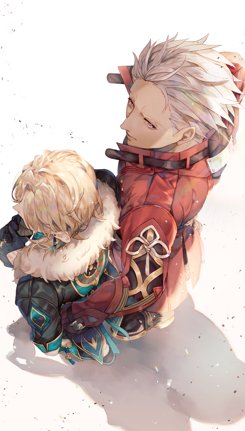2boys, absurdres, archer_(fate), archer_(honkai:_star_rail)_(fate), arm_around_waist, aventurine_(honkai:_star_rail), black_jacket, blonde_hair