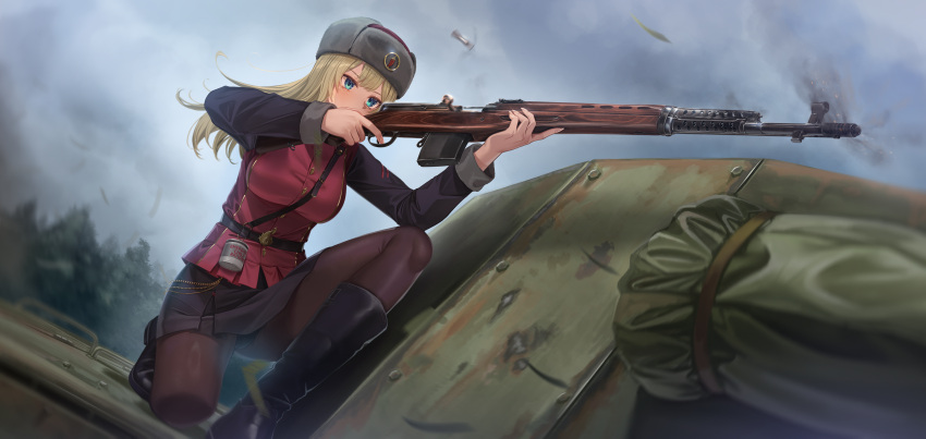 1girl, absurdres, aiming, battle_rifle, black_boots, black_pantyhose, blonde_hair, blue_eyes