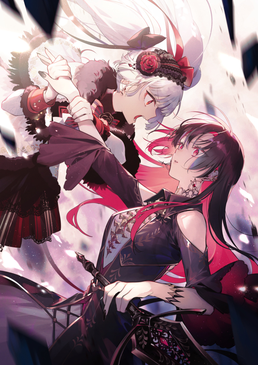 2girls, arcaea, atom_earrings, bare_shoulders, black_dress, black_hair, black_hairband, black_nails