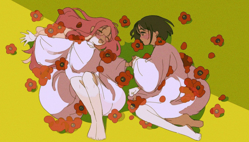2girls, alien_stage, barefoot, black_hair, closed_eyes, commentary, dress, flower