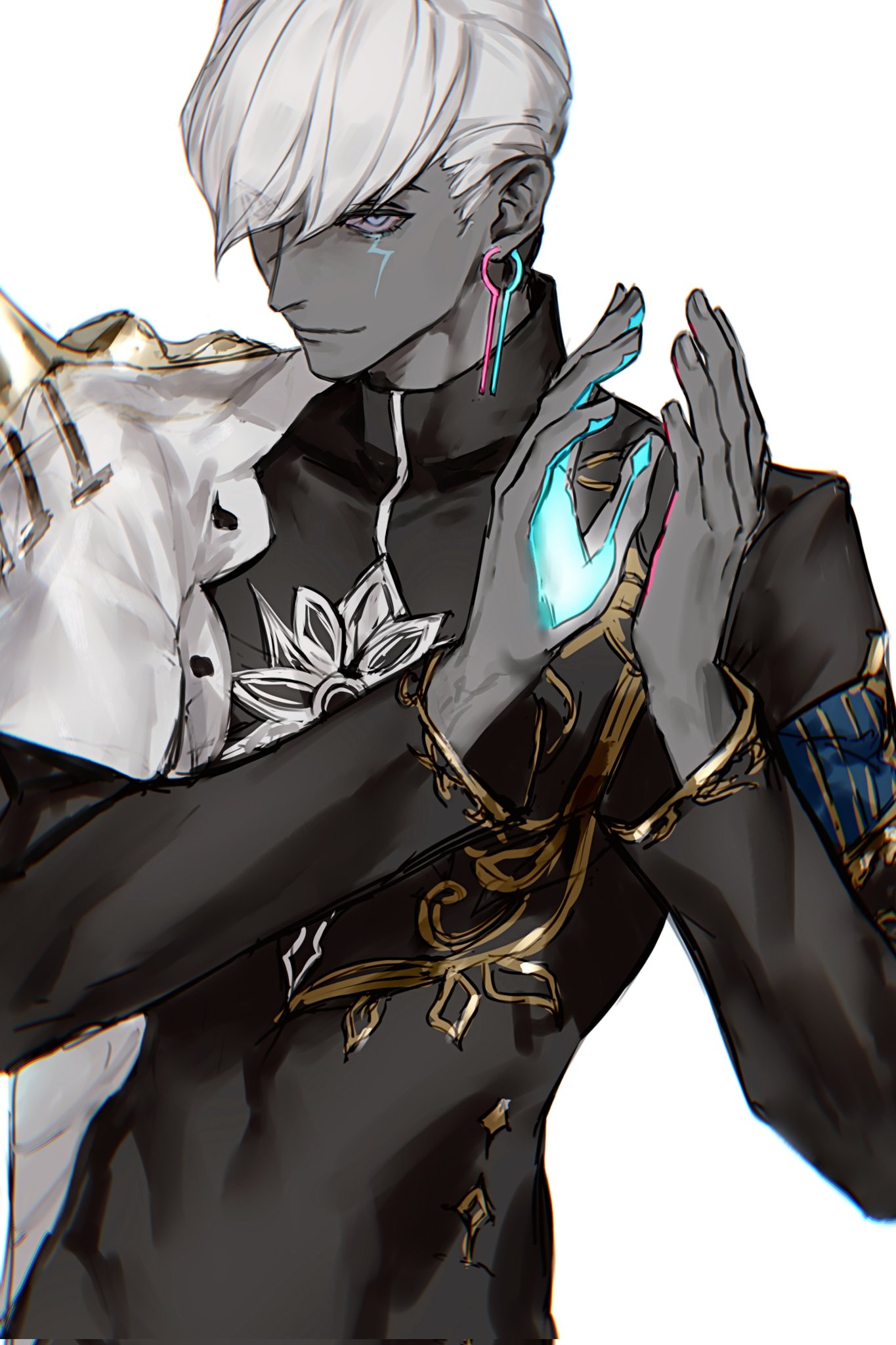 1boy, arms_up, black_jacket, blue_eyes, cape, closed_mouth, colored_skin, commentary_request