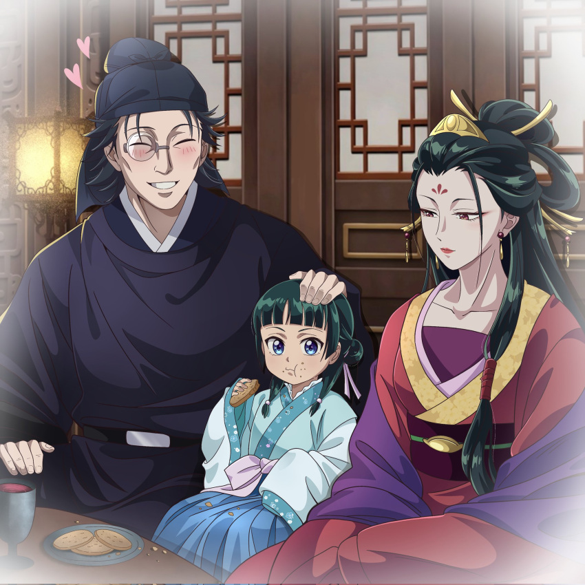 1boy, 2girls, black_hat, blue_eyes, blush, breasts, chandllucky, china_dress, chinese_clothes, chinese_hairpin, closed_mouth, collarbone, cookie, crumbs, dress, eating, father_and_daughter, fengxian_(kusuriya_no_hitorigoto), food, glasses, green_hair, half_updo, hat, headpat, heart, highres, holding, holding_cookie, holding_food, husband_and_wife, kusuriya_no_hitorigoto, lakan_(kusuriya_no_hitorigoto), lipstick, long_hair, looking_at_viewer, makeup, maomao_(kusuriya_no_hitorigoto), medium_breasts, monocle, mother_and_daughter, multiple_girls, pink_lips, red_eyes, sitting, smile, tea, very_long_hair