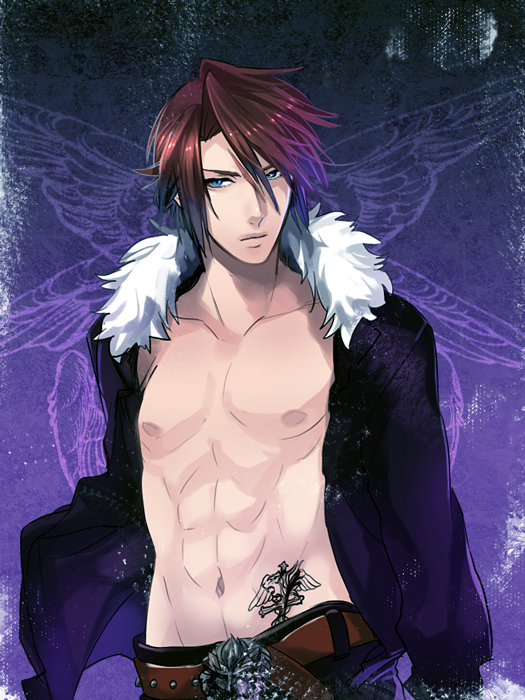 abs, babuix, bangs, belt, blue_eyes, brown_hair, coat, dissidia_012_final_fantasy