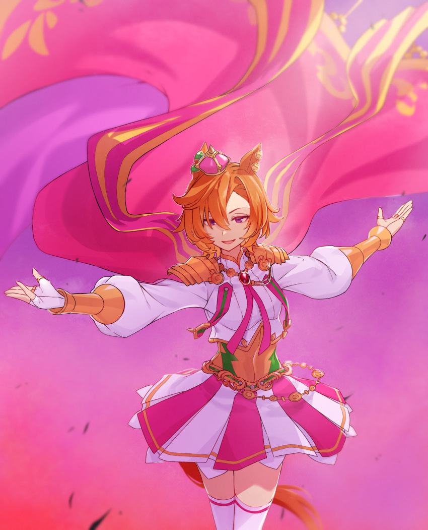 1girl, animal_ears, armor, cape, dress, fingerless_gloves, gem, gloves, grass, highres, horse_ears, horse_girl, horse_tail, jewelry, looking_down, looking_to_the_side, loose_clothes, multiple_rings, nanaheibei_3, open_mouth, orange_hair, pink_background, purple_background, ring, short_hair, shoulder_armor, simple_background, skirt, smile, solo, t.m._opera_o_(umamusume), tail, thigh-highs, thighs, umamusume, violet_eyes, wavy_hair