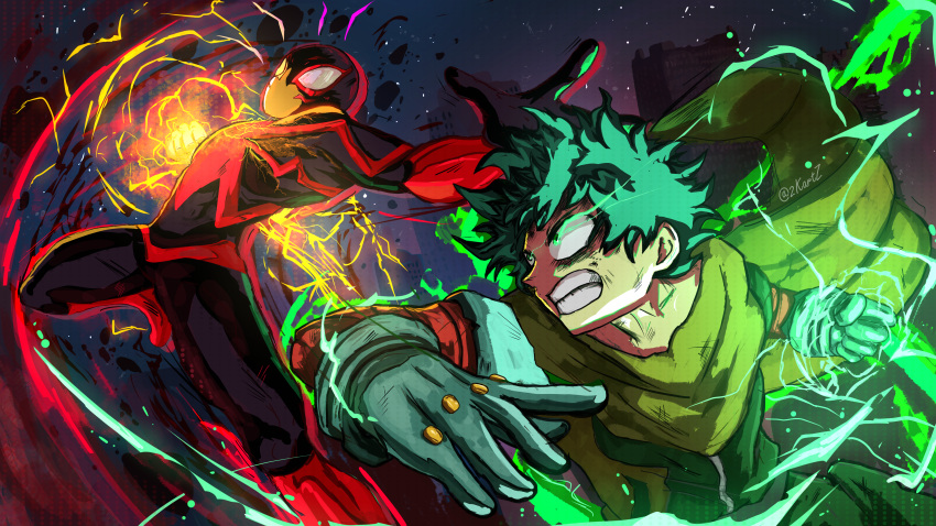2boys, 2kartz, absurdres, animal_print, battle, belt, black_bodysuit, bodysuit, boku_no_hero_academia, cape, crossover, dark_skin, death_battle, fighting, freckles, full_cowling_(boku_no_hero_academia), green_eyes, green_hair, highres, marvel, mask, midoriya_izuku, miles_morales, multiple_boys, print_bodysuit, short_hair, silk, spider-man_(miles_morales), spider-man_(series), spider_print, spider_web, spider_web_print, spiky_hair, superhero_costume, two-tone_bodysuit, utility_belt, very_dark_skin, yellow_cape