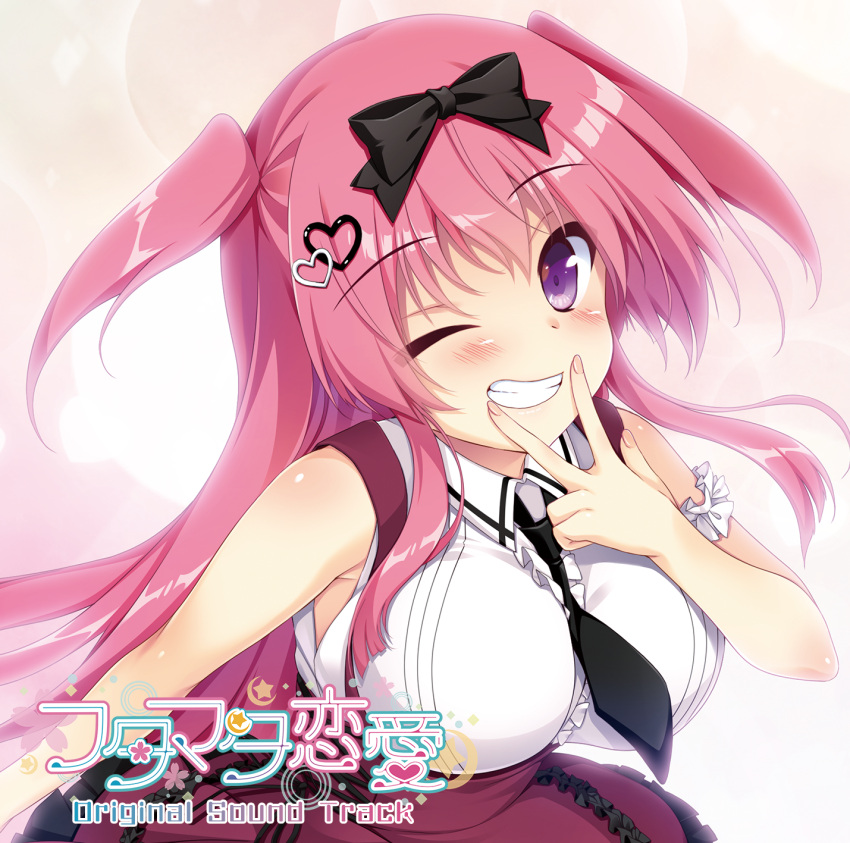 1girl, ;d, album_cover, bare_shoulders, between_breasts, black_bow, black_necktie, bloom