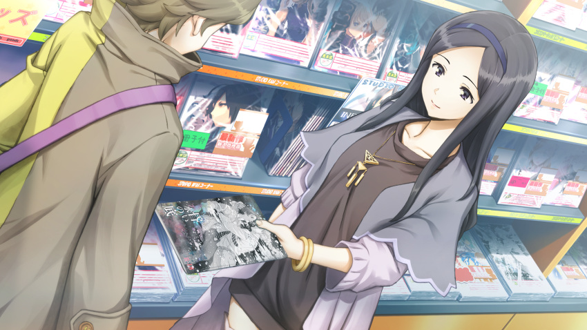 1boy, 1girl, black_eyes, black_hair, breasts, brown_coat, capelet, coat