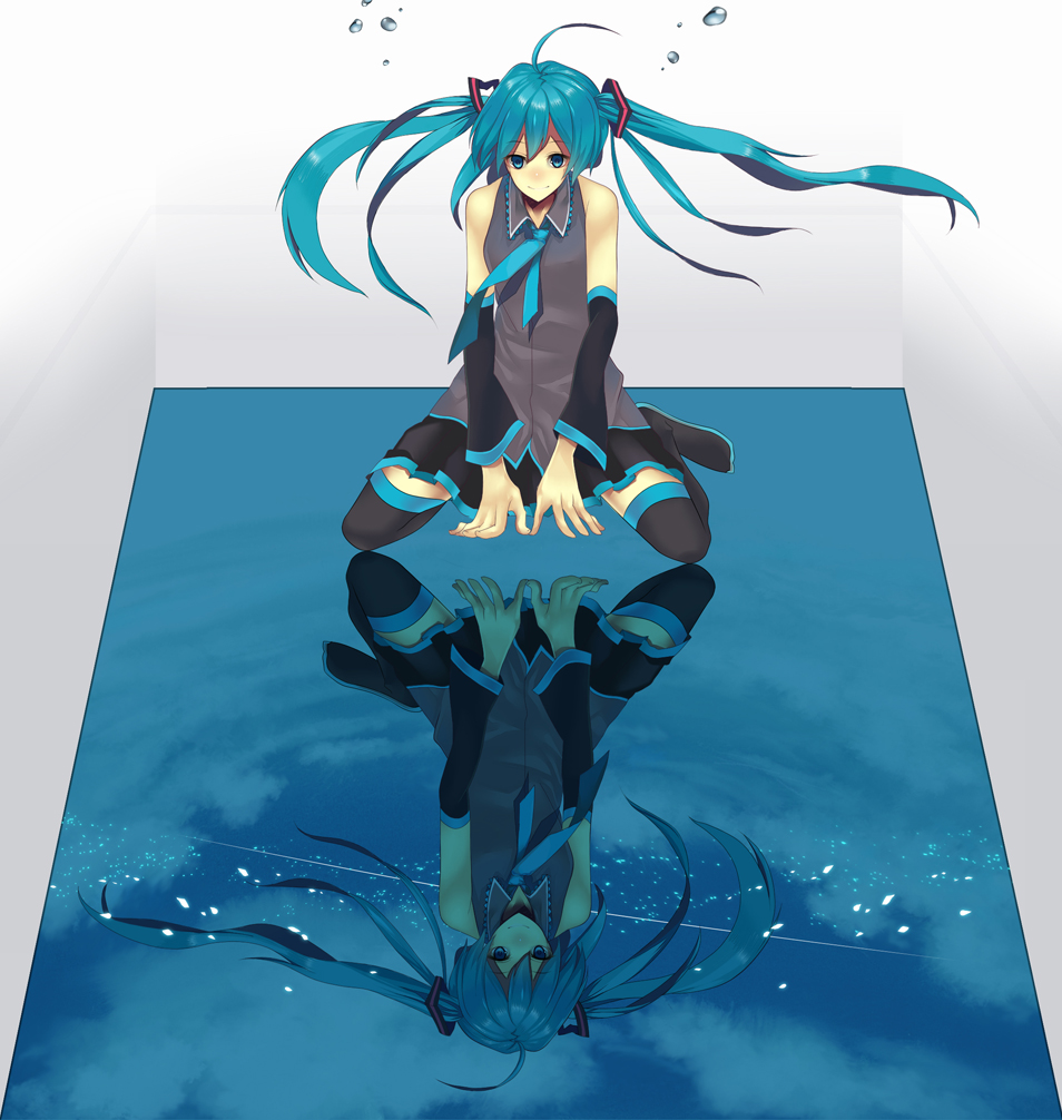 aqua_eyes, aqua_hair, detached_sleeves, down_(artist), hatsune_miku, kneeling, long_hair, necktie