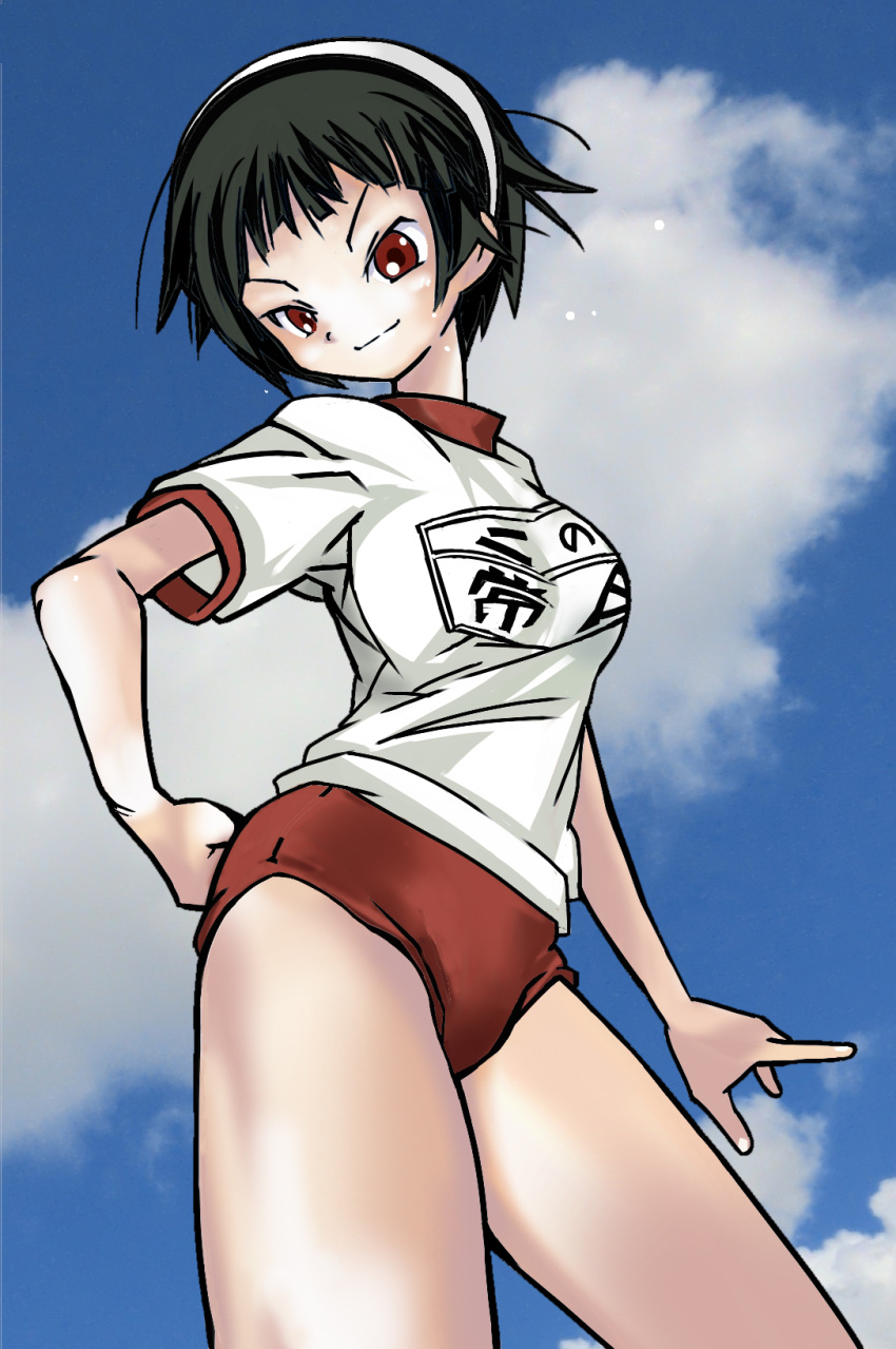 gym_uniform, hairband, highres, name_tag, red_eyes, reverie_(artist), sayonara_zetsubou_sensei, short_hair