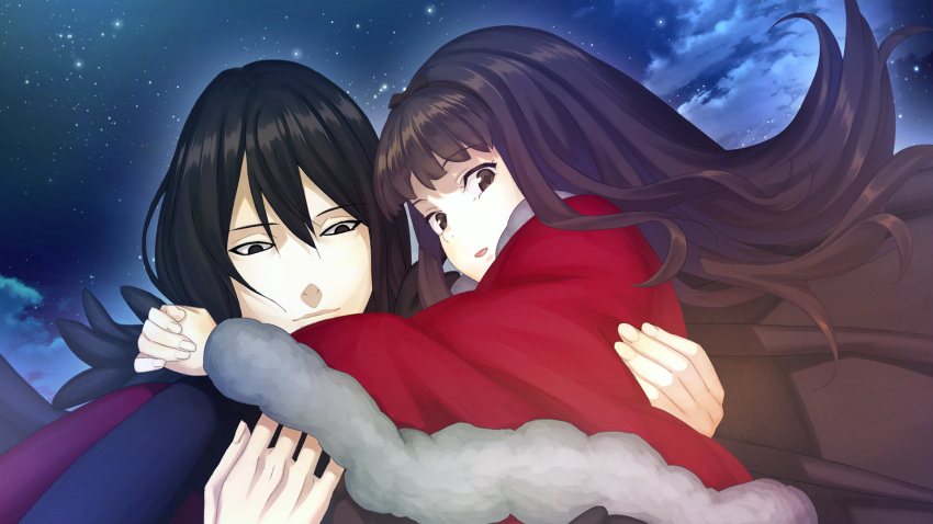 black_hair, black_hairband, black_pantyhose, blunt_bangs, brown_eyes, brown_hair, brown_skirt, capelet
