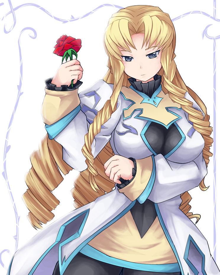 black_legwear, blonde_hair, blue_eyes, breasts, drill_hair, flower, large_breasts, margaret_(srw), marguerite_leeds, pantyhose, rose, solo, super_robot_wars, super_robot_wars_z2, uniform