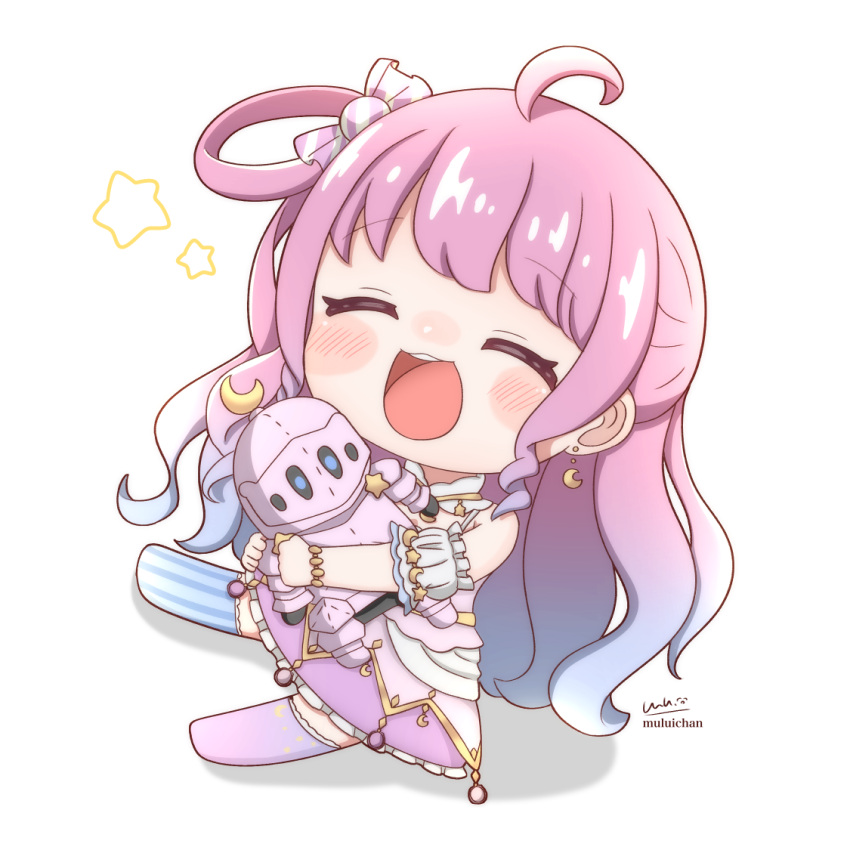 1girl, ahoge, asymmetrical_legwear, blue_hair, blush, blush_stickers, bracelet, candy_hair_ornament