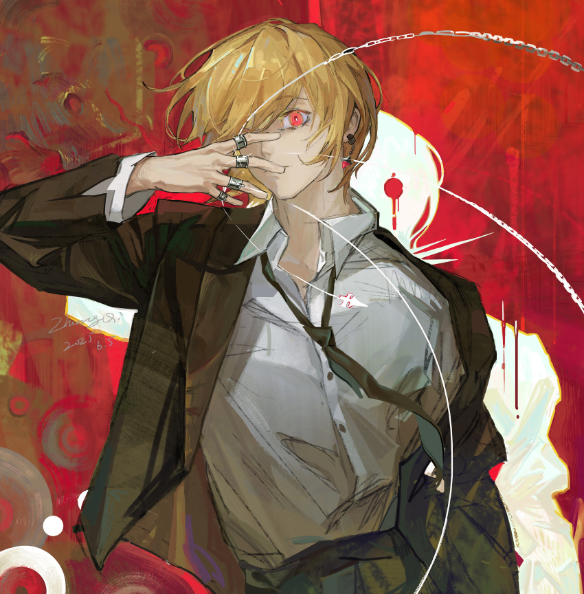 1boy, absurdres, black_necktie, blonde_hair, chain, chinese_commentary, closed_mouth, collared_shirt