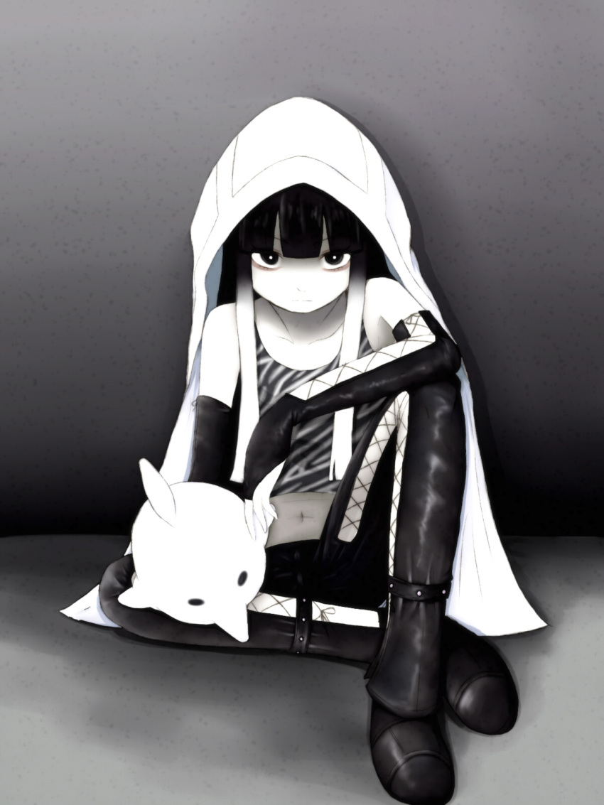 bangs, black_hair, blunt_bangs, gradient_hair, highres, hood, kaito-m, kuroyoru_umidori