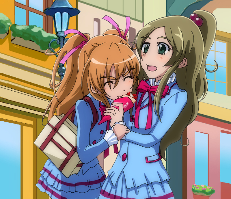 crepe, green_eyes, green_hair, hair_ribbon, houjou_hibiki, long_hair, minamino_kanade, nekopan_(greenwich000), precure, ribbon, suite_precure, two_side_up