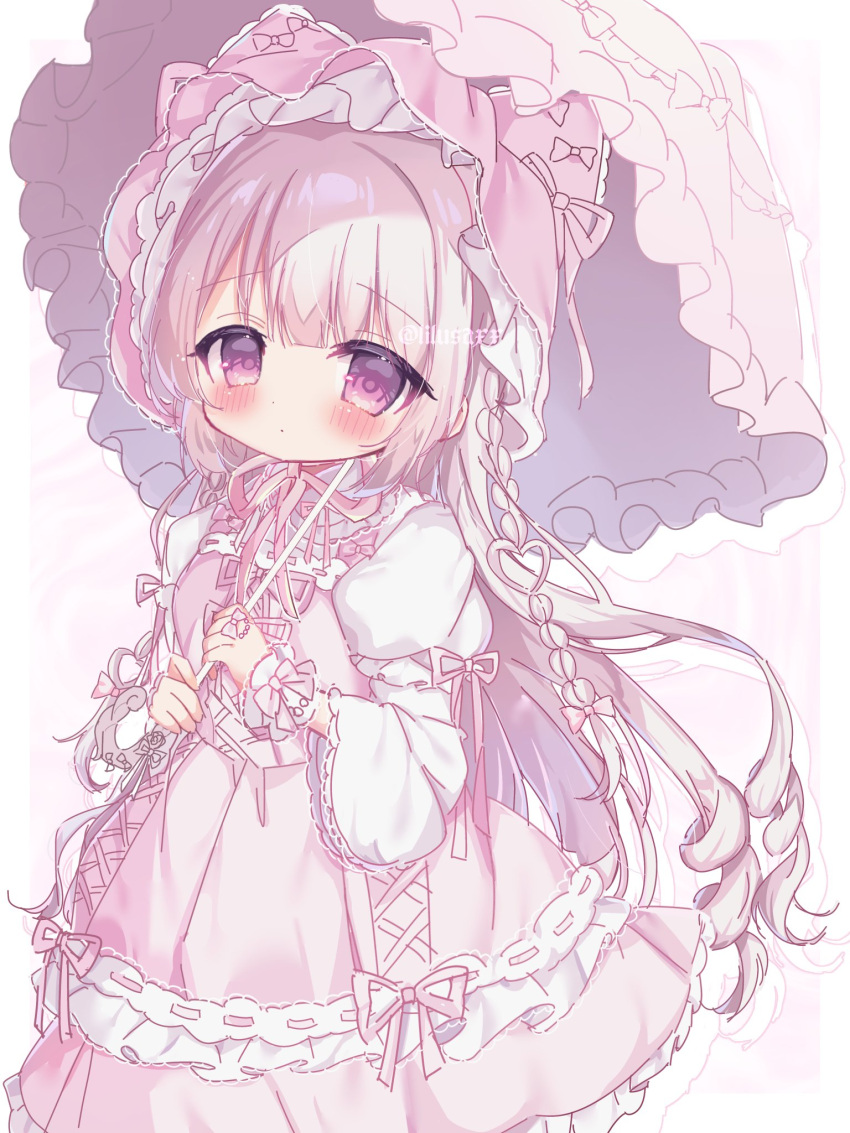 1girl, blush, bonnet, bow_ring, braid, commentary_request, dress, expressionless