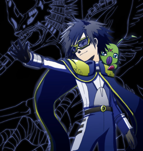 antennae, belt, blue_hair, cape, chimeramon, digimon, digimon_adventure_02, digimon_adventures_02