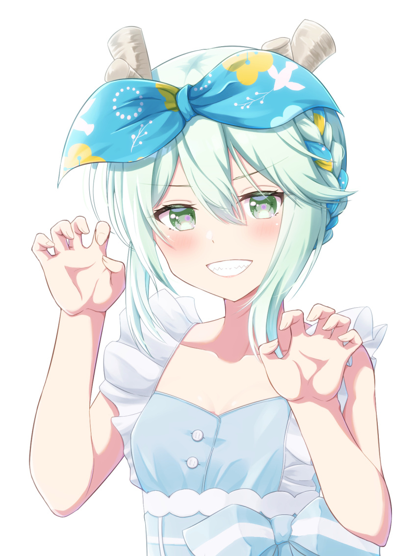 1girl, animal_print, antler_ornament, bare_shoulders, bird_print, blonde_hair, blue_bow, blue_dress