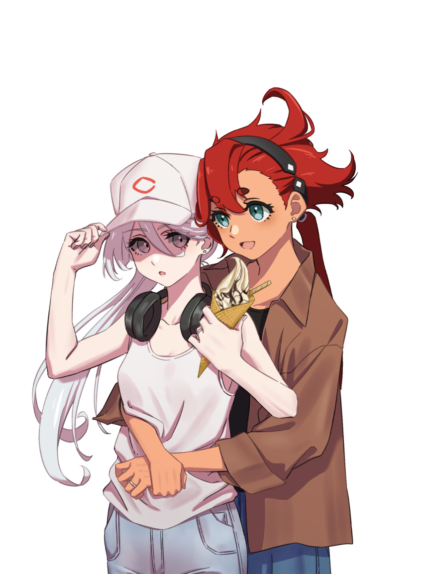 2girls, adjusting_clothes, adjusting_headwear, bare_arms, baseball_cap, black_hairband, black_shirt, blue_eyes, blue_pants, brown_shirt, commentary_request, crepe, denim, earrings, food, grey_eyes, gundam, gundam_suisei_no_majo, hairband, hat, headphones, headphones_around_neck, highres, holding, holding_crepe, holding_food, hug, hug_from_behind, jeans, jewelry, killtenshi, long_hair, miorine_rembran, multiple_girls, open_mouth, pants, parted_lips, ponytail, red_hair, ring, shirt, simple_background, smile, stud_earrings, suletta_mercury, tank_top, thick_eyebrows, wedding_ring, white_background, white_hair, white_hat, white_tank_top, wife_and_wife, yuri