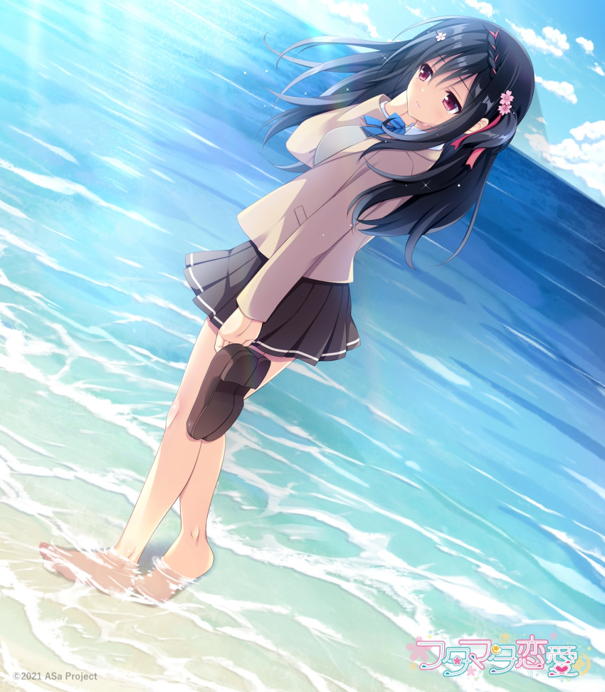 1girl, 2021, barefoot, black_hair, blue_bow, blue_bowtie, blue_sky, bow