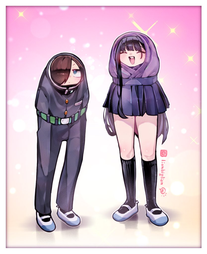 1boy, 1girl, anatomical_nonsense, belt, black_hair, black_pants, black_socks, blue_eyes