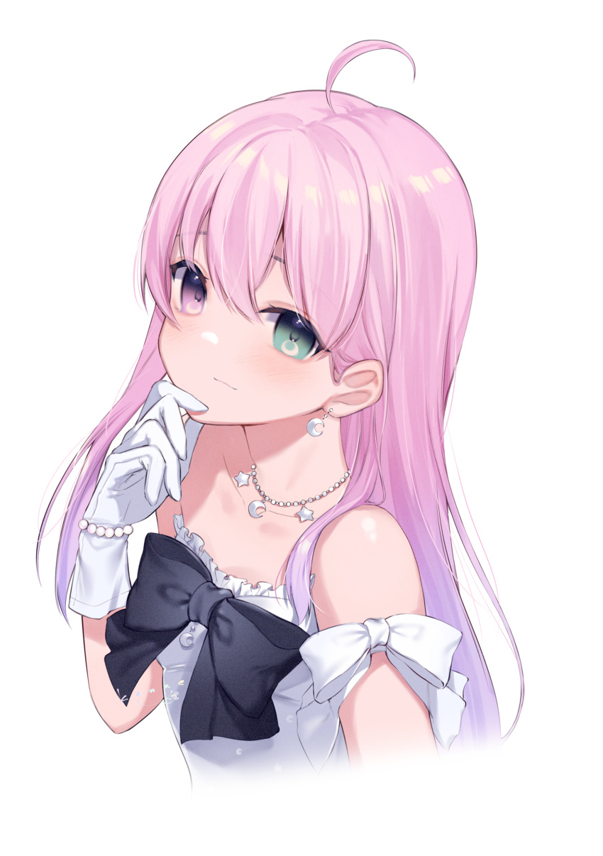 1girl, absurdres, ahoge, arm_ribbon, armband, bare_shoulders, black_bow, blush