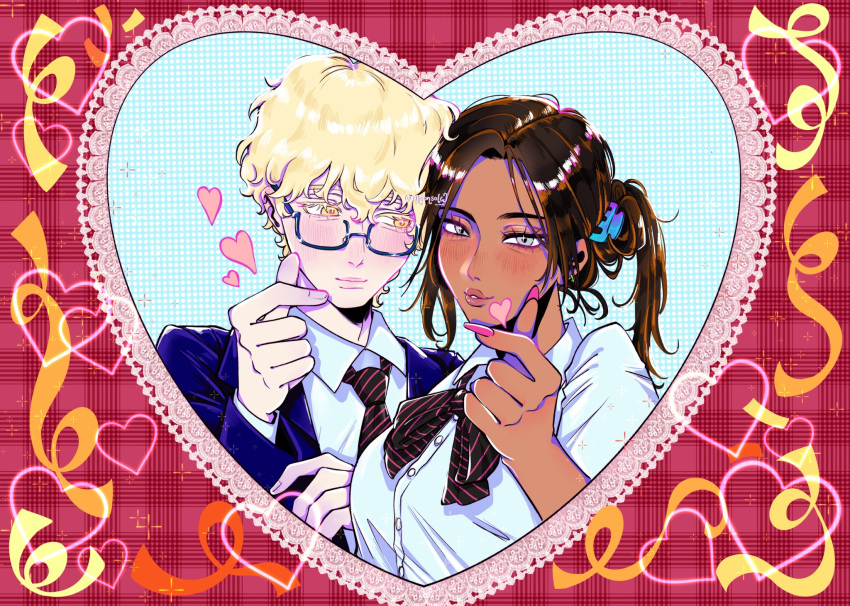 1boy, 1girl, alien_stage, black_bow, black_bowtie, black_necktie, blonde_hair, blue-framed_eyewear