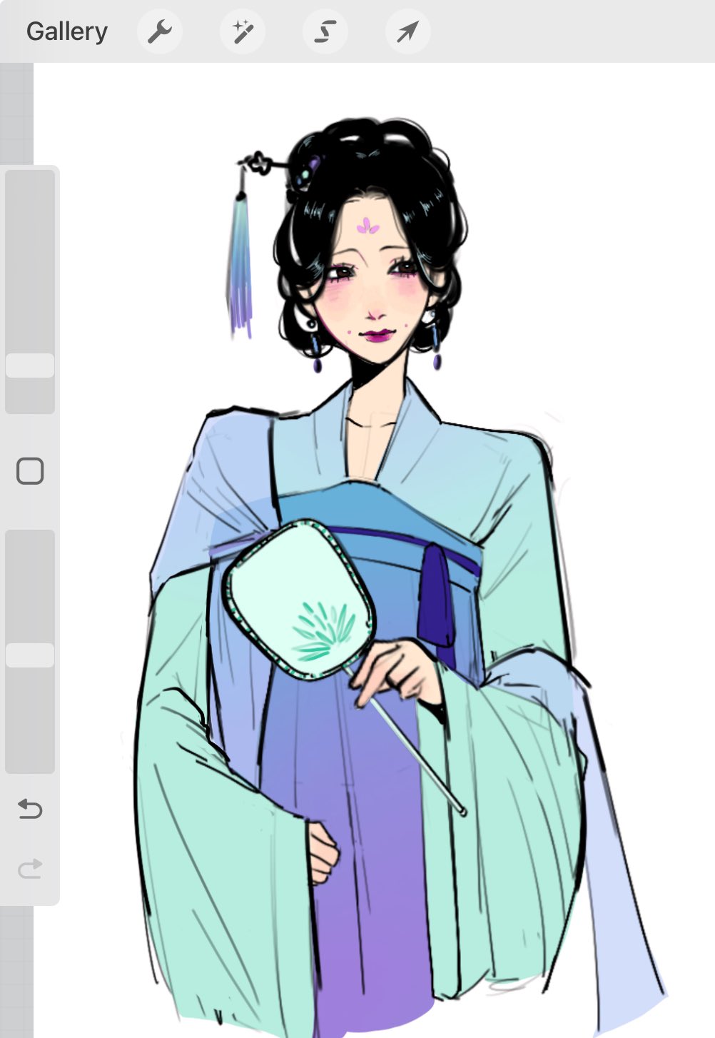 1girl, art_program_in_frame, black_hair, blue_hanfu, chinese_clothes, commentary, earrings, english_commentary