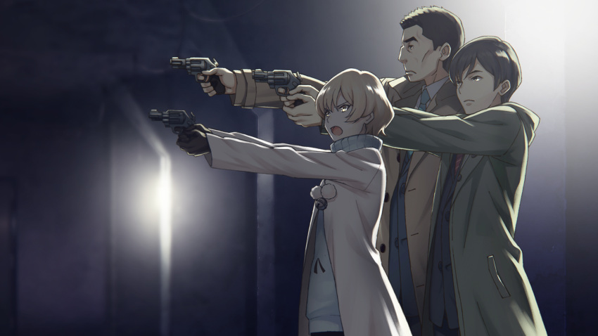 1girl, 2boys, aiming, black_gloves, blonde_hair, blue_sweater, blurry, blurry_background