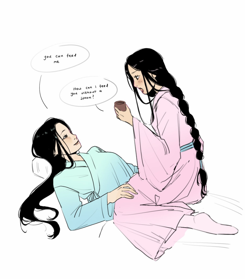 2girls, black_eyes, blue_hanfu, braid, chinese_clothes, commentary, cup, english_commentary, hanfu, highres, holding, holding_cup, jing_wei_qing_shang, long_hair, long_sleeves, low-braided_long_hair, low-tied_long_hair, lying, moonsolw, multiple_girls, nangong_shunu, on_back, open_mouth, pink_hanfu, qiyan_nomin, single_braid, sitting, smile, socks, very_long_hair
