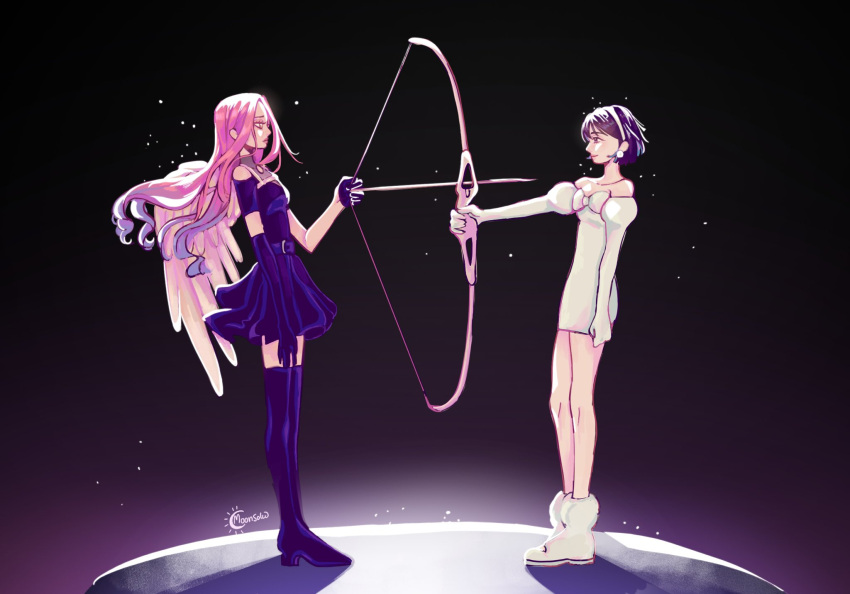 alien_stage, arrow_(projectile), asymmetrical_gloves, black_boots, black_dress, black_hair, blue_hair, boots