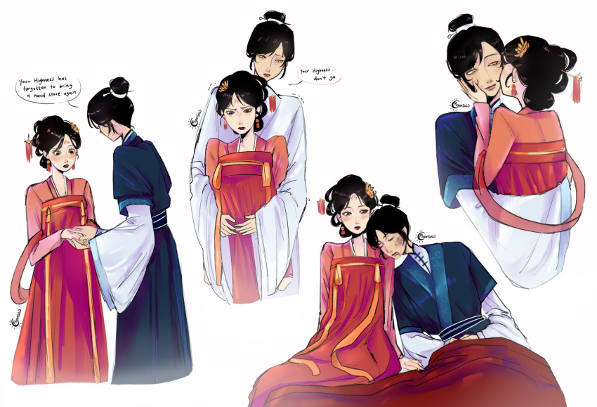 2girls, black_lips, blue_hanfu, blush, chinese_clothes, commentary, earrings, english_commentary