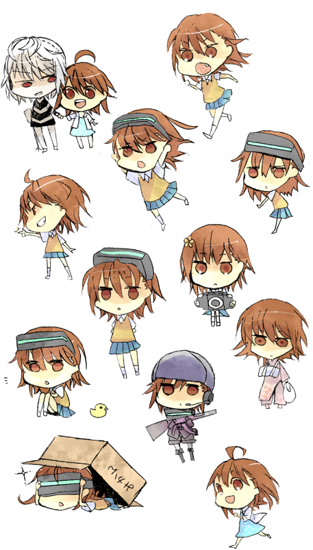 box, brown_eyes, brown_hair, cardboard_box, cast, chibi, dress, flat_gaze