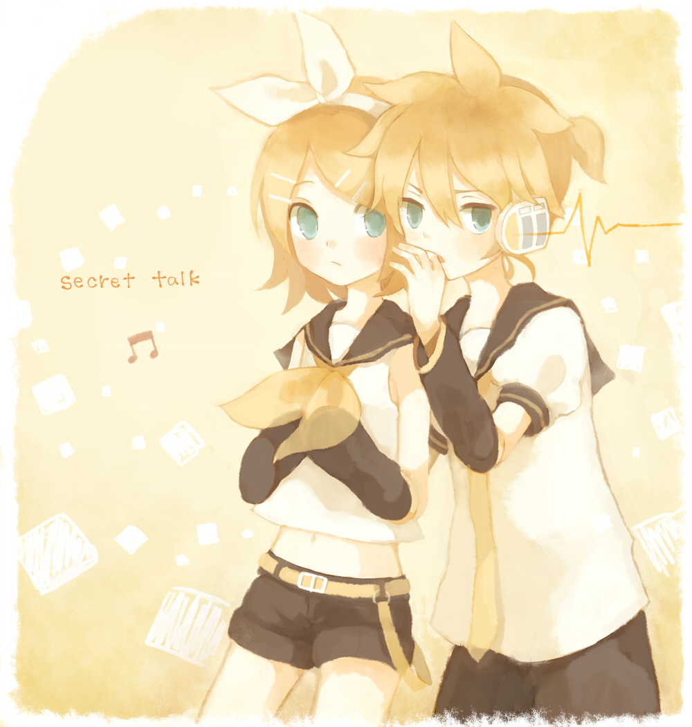 blonde_hair, green_eyes, hair_ribbon, hand_to_mouth, headphones, kagamine_len, kagamine_rin, midriff