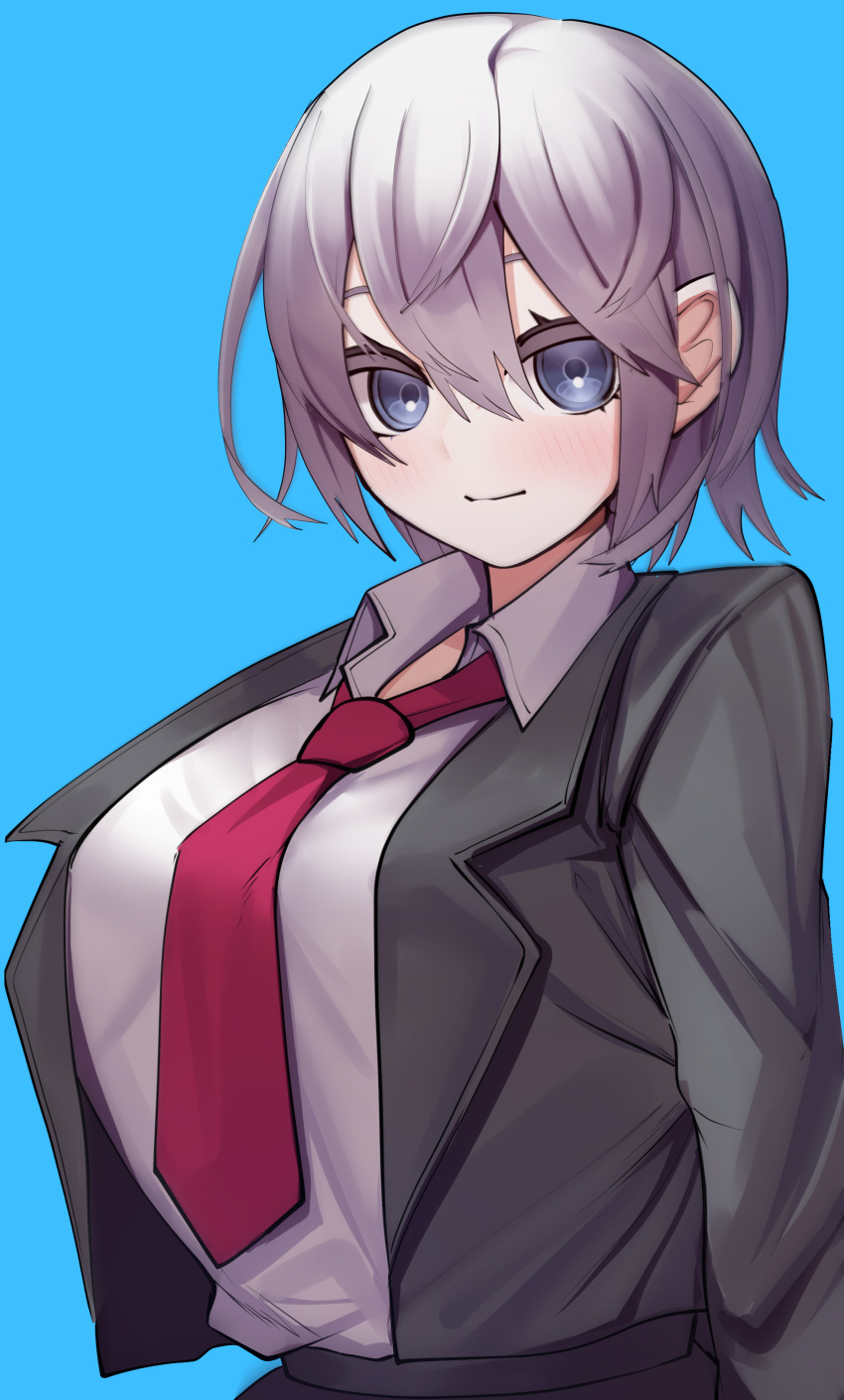 1girl, absurdres, arms_behind_back, blue_background, blue_eyes, breasts, character_request, copyright_request