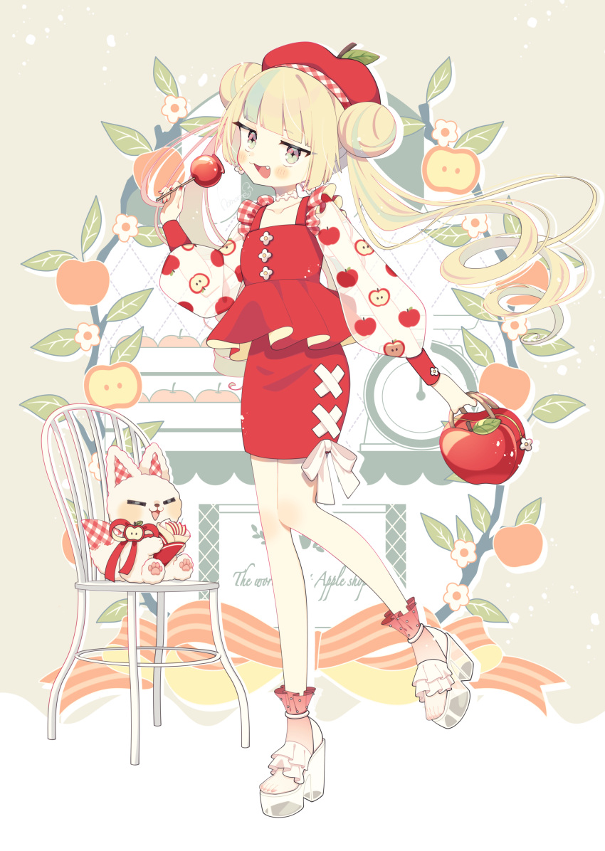 1girl, :d, absurdres, apple, apple_print, bag, blonde_hair, blue_hair