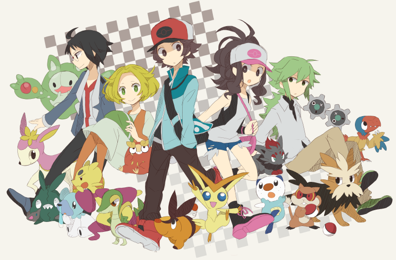 2girls, 3boys, archen, bad_id, baseball_cap, bel_(pokemon), bell_(pokemon), black_hair