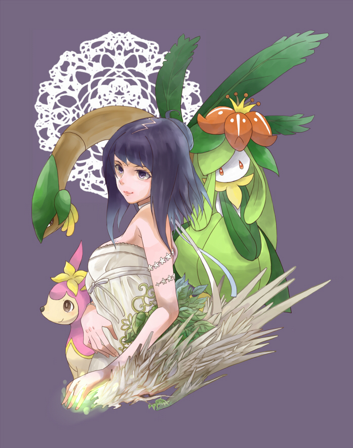 1girl, bad_id, black_hair, deerling, inari_ina_(ayn0304), lilligant, manamia, manamia_(the_last_story)
