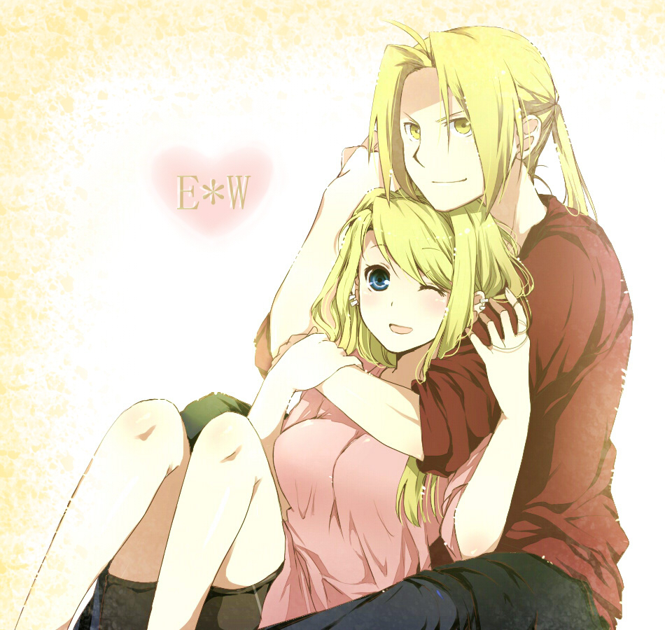 1girl, ahoge, bad_id, bike_shorts, blonde_hair, blue_eyes, couple, earrings
