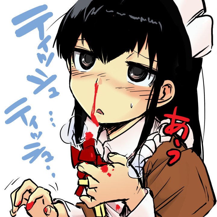 black_eyes, black_hair, blood, blush, brown_dress, cross, derivative_work, dress