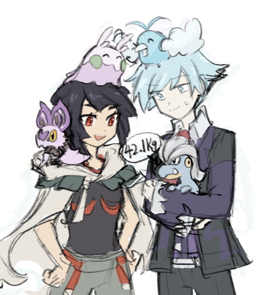 1boy, 1girl, :d, bagon, black_hair, cloak, closed_mouth, collared_shirt