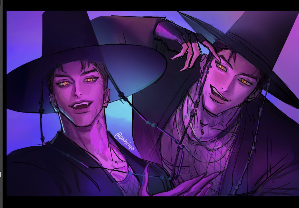 1boy, abby_(kpop_demon_hunters), commentary, demon, fangs, fingerless_gloves, fingernails, fishnet_top, fishnets, gat_(hat), gloves, hat, kpop_demon_hunters, letterboxed, long_fingernails, looking_at_viewer, male_focus, multiple_views, ohhriyo, short_hair, twitter_username, upper_body, yellow_nails