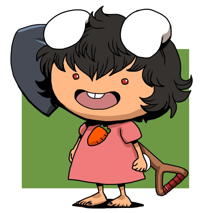 1girl, animal_ears, barefoot, black_hair, buck_teeth, carrot_necklace, commentary_request, dragon_quest