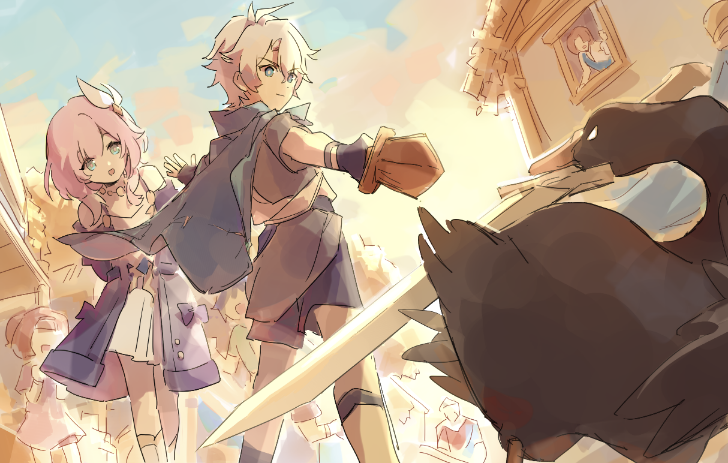 1boy, 1girl, :o, aged_down, ahoge, bird, blue_cape, blue_eyes, blue_shorts, blue_sky, cape, chinese_commentary, coat, commentary_request, cyrene_(honkai:_star_rail), dress, goose, grey_shirt, hair_ornament, holding, holding_sword, holding_weapon, honkai:_star_rail, honkai_(series), house, jewelry, lavita42, necklace, official_alternate_costume, outdoors, people, phainon_(a_dream_scented_in_wheat)_(honkai:_star_rail), phainon_(honkai:_star_rail), pink_hair, purple_coat, shirt, shorts, sky, sword, weapon, white_dress, wooden_sword