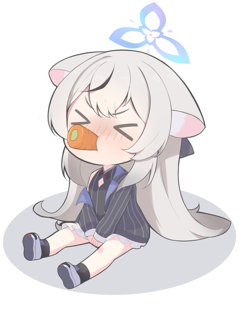 >_<, 1girl, animal_ears, black_dress, black_hair, blue_archive, blue_halo, carrot