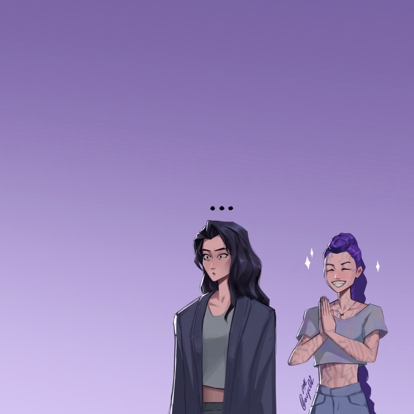 ..., 2girls, ^_^, avyc02, black_hair, braid, braided_ponytail, celine_(kpop_demon_hunters), closed_eyes, commentary, crop_top, english_commentary, gradient_background, highres, jacket, jewelry, kpop_demon_hunters, long_hair, long_sleeves, multiple_girls, necklace, purple_background, rumi_(kpop_demon_hunters), short_sleeves, simple_background, sparkle, twitter_username, upper_body