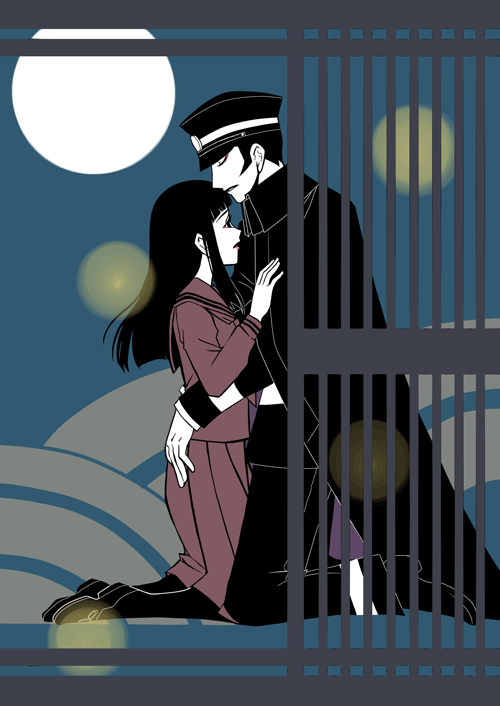 1boy, 1girl, black_cloak, black_hair, black_hat, black_pants, black_shoes, blue_background