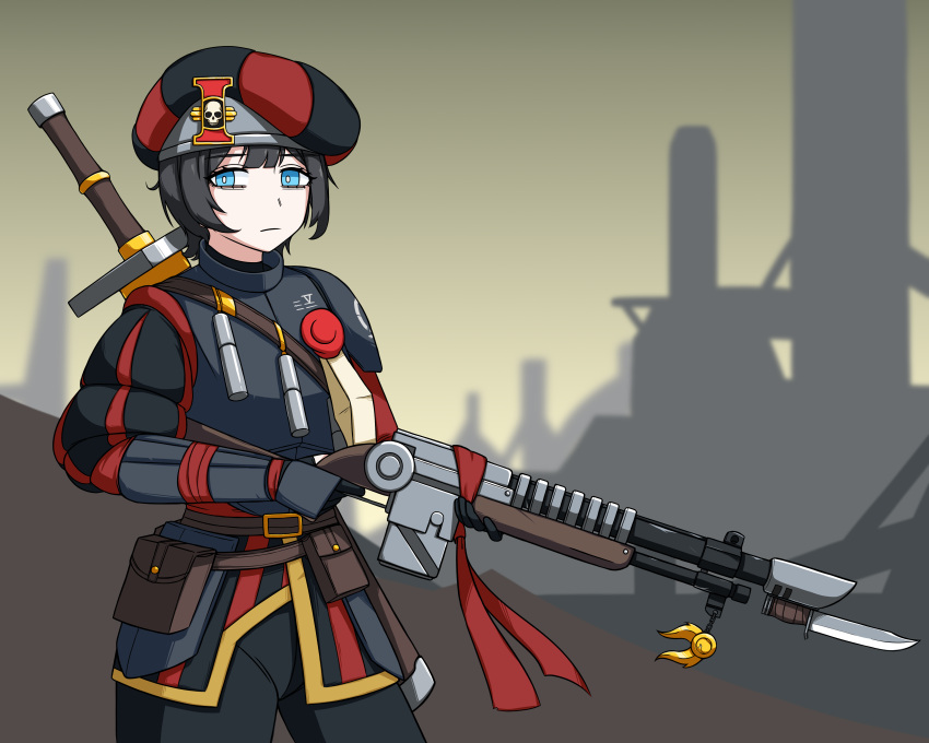 1girl, absurdres, black_hair, black_pants, carapace, comet, crossover, empire_(warhammer_fantasy), highres, holding, holding_weapon, inquisition_(warhammer), landsknecht, lasgun, mp_sg, original, pants, purity_seal, short_hair, solo, sword, sword_on_back, tomboy, warhammer_40k, warhammer_fantasy, weapon, weapon_on_back, zweihander