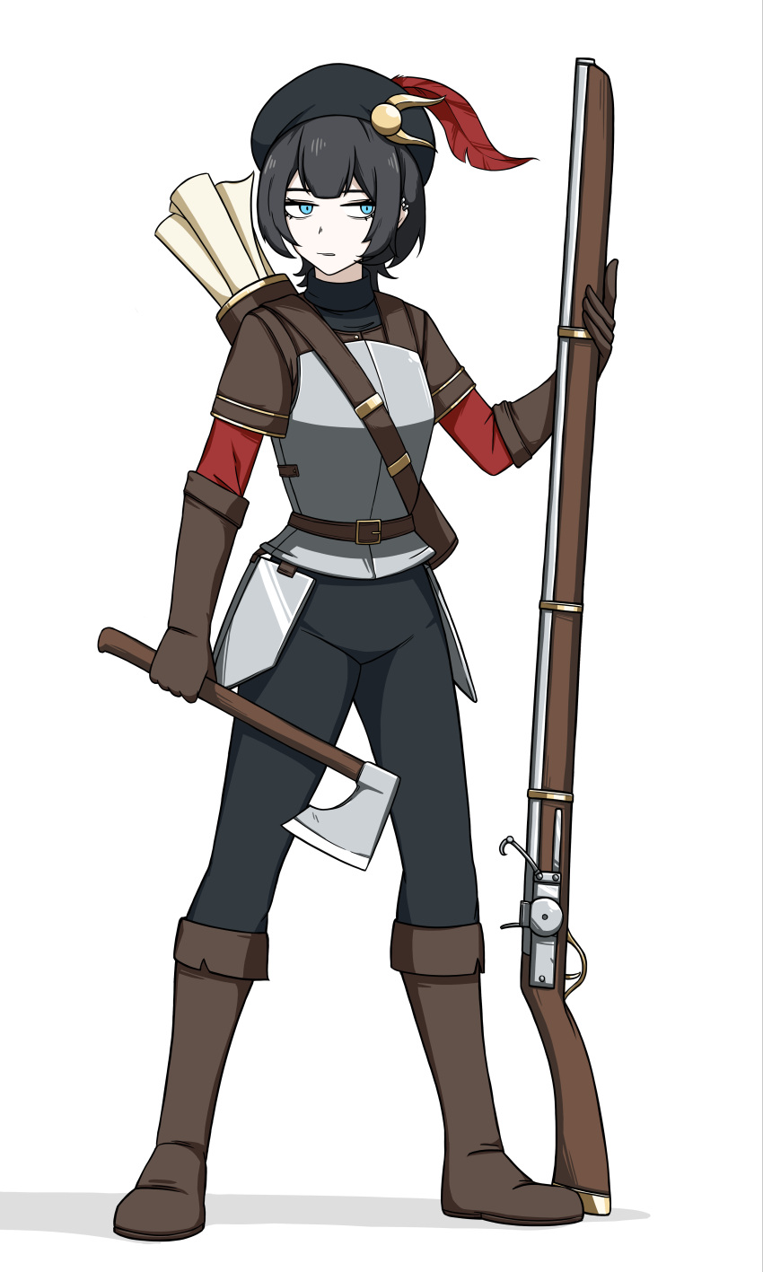 1girl, absurdres, armor, axe, backpack, bag, bandolier, belt, black_hair, black_pants, boots, brown_gloves, comet, empire_(warhammer_fantasy), engineer, gloves, grey_eyes, gun, hat, hat_feather, highres, holding, holding_axe, korean_commentary, landsknecht, long_sleeves, mp_sg, musket, original, pants, scroll, shadow, short_hair, simple_background, solo, tomboy, warhammer_fantasy, weapon, white_background